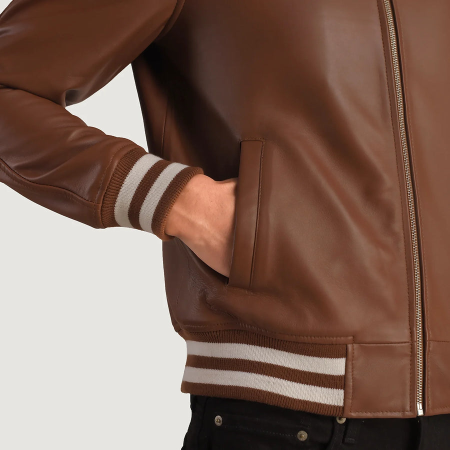 Men’s Semi-Aniline Sheepskin Leather Jacket with Rib Knit Cuffs & Hem
