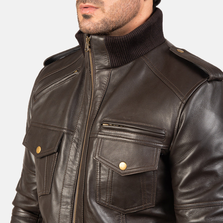Men’s Sheepskin Leather Jacket with High-Neck Collar & Shoulder Epaulettes