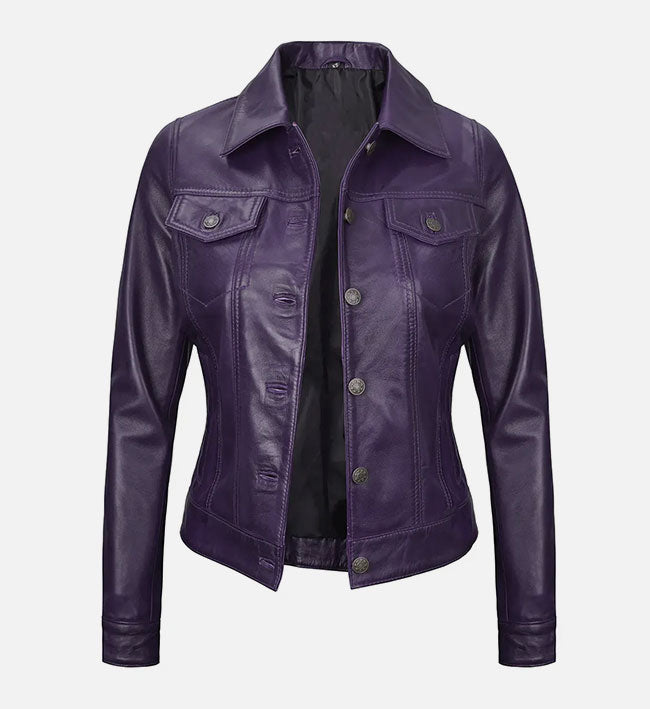 Women’s Sheepskin Leather Trucker Jacket – Brown, Black & Purple