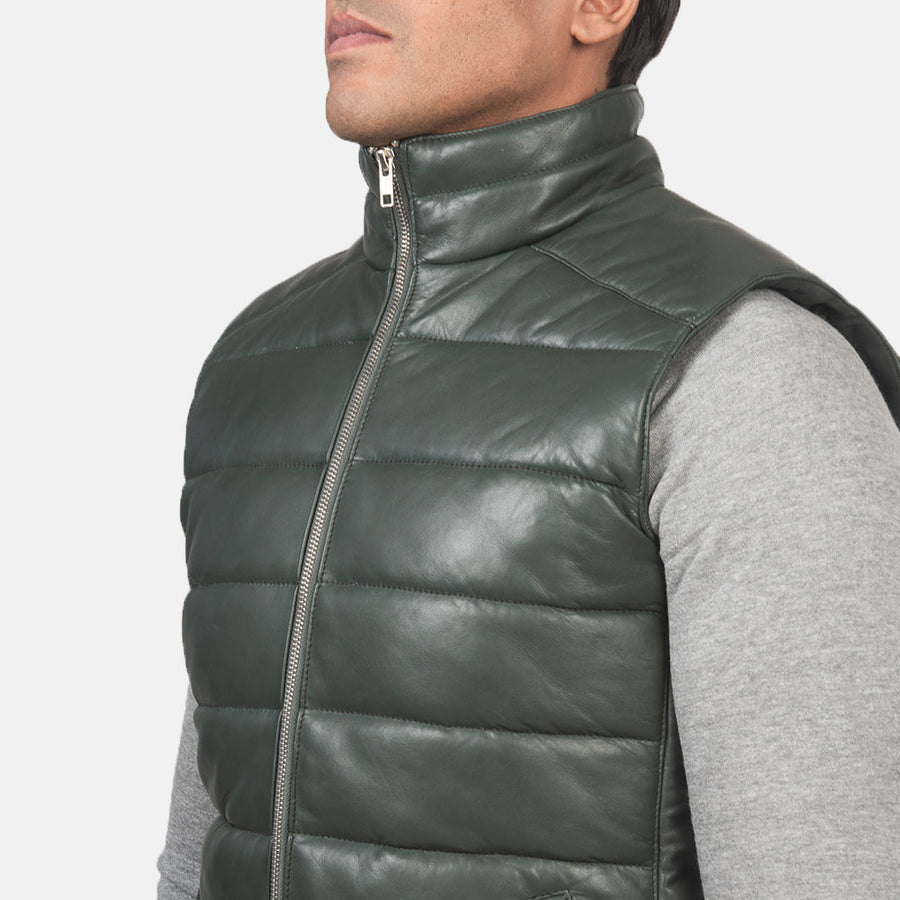 Men’s Aniline Sheepskin Leather Puffer Vest – Dual Zipper Closure