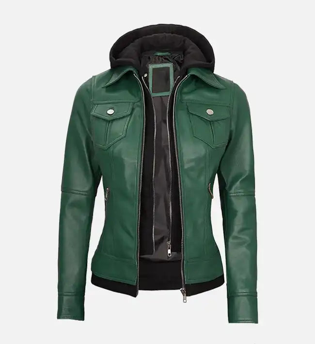 Women’s Sheepskin Leather Jacket – Off-White, Pink & Green with Removable Hood