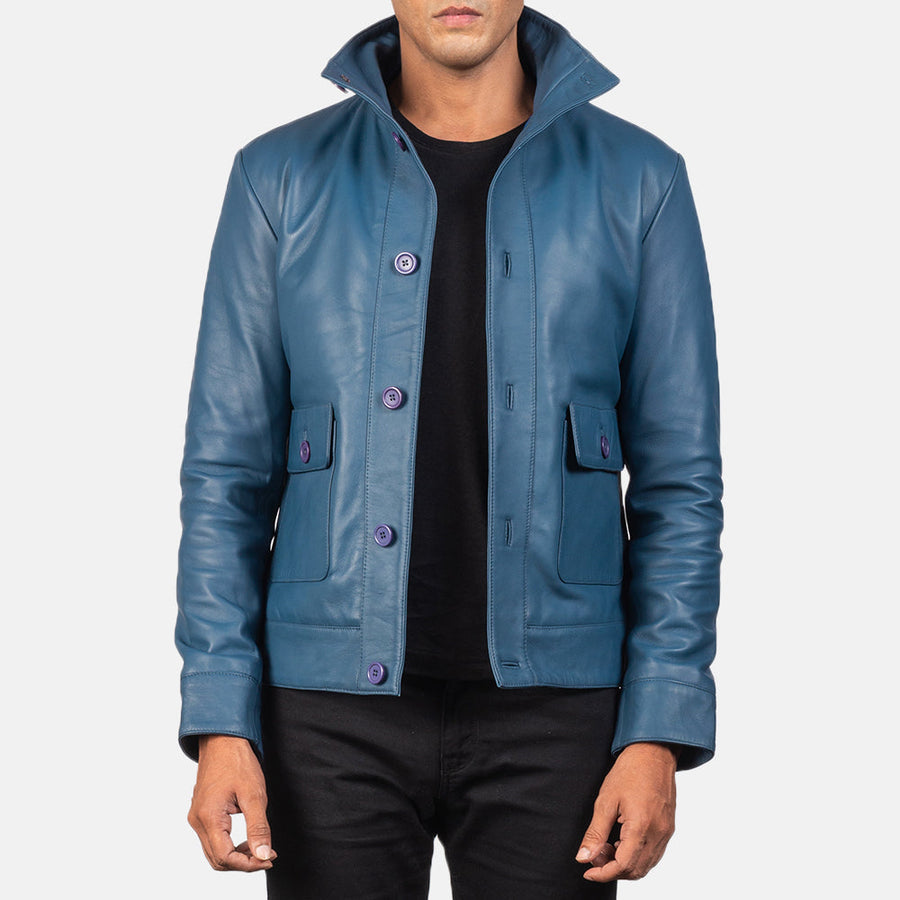 Men’s Sheepskin Leather Rider Jacket with High-Neck Buttoned Collar