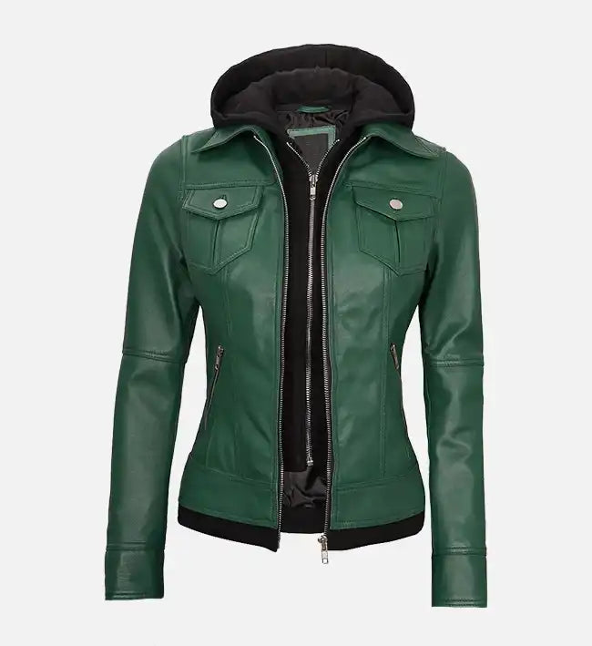 Women’s Sheepskin Leather Jacket – Off-White, Pink & Green with Removable Hood