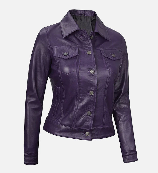 Women’s Sheepskin Leather Trucker Jacket – Brown, Black & Purple