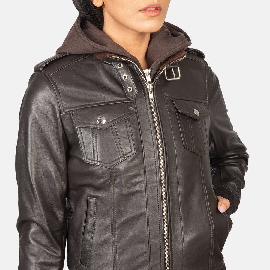Genuine Sheepskin Leather Hooded Bomber Jacket For Women