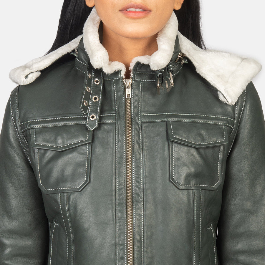 Women’s Sheepskin Leather Jacket with Faux Fur Lining & Removable Hood