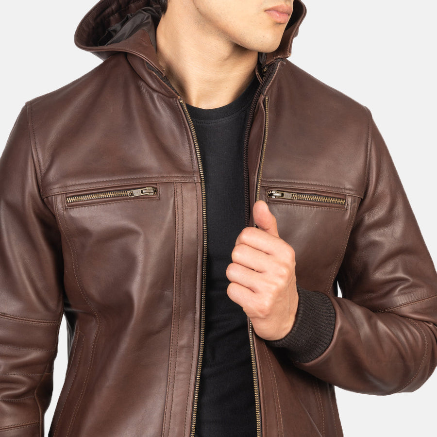 Men’s Hooded Genuine Cowhide Leather Jacket – Rib Knit Finish