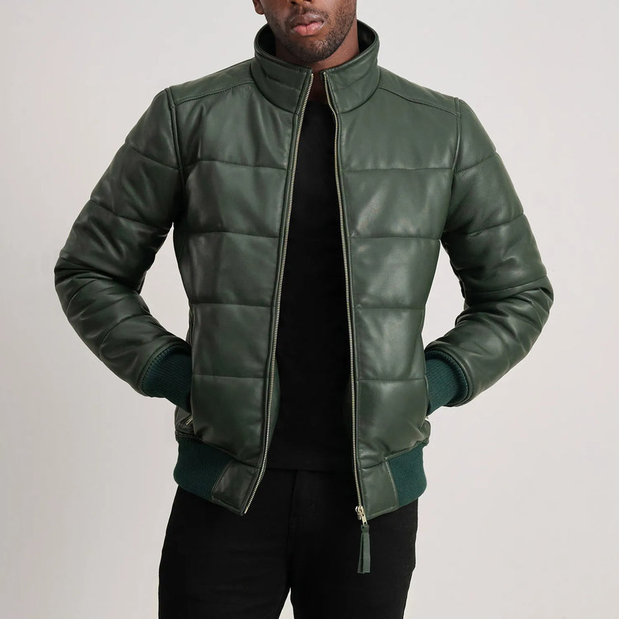 Men’s High-Neck Sheepskin Puffer Leather Jacket – Semi-Aniline Finish