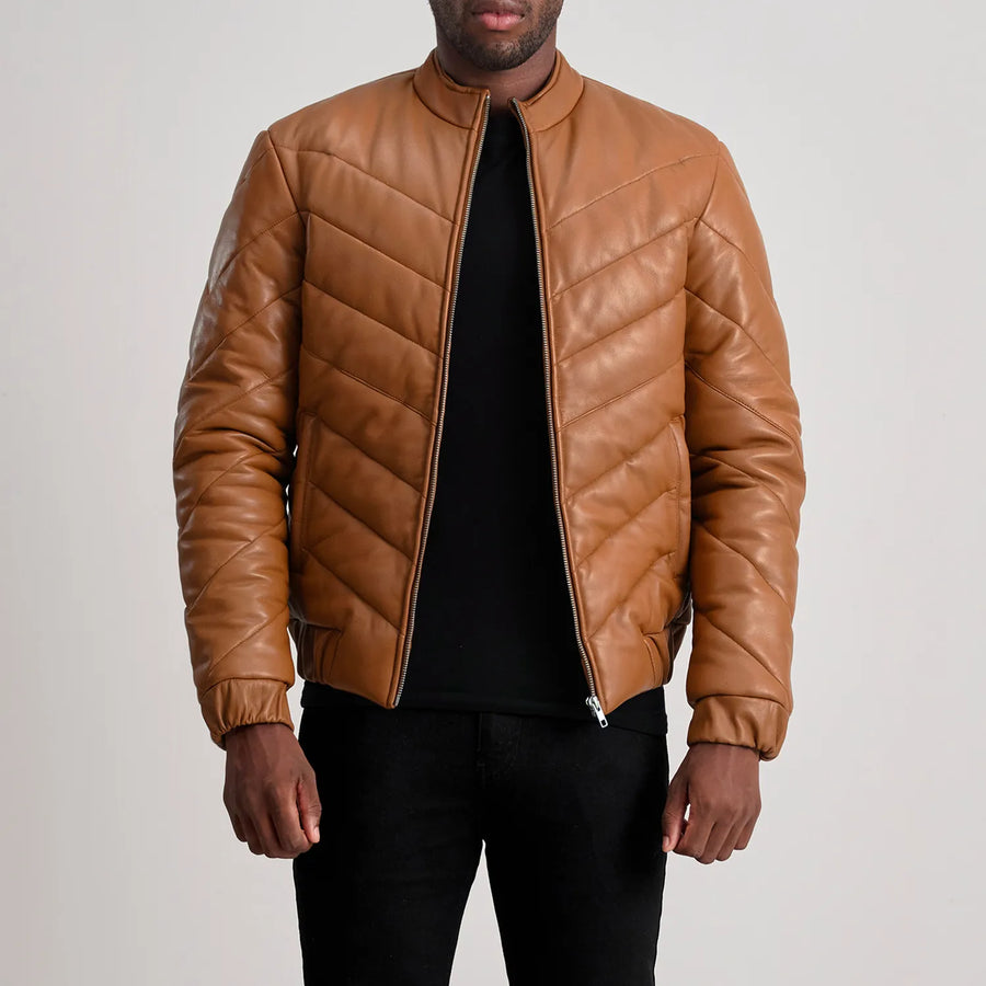 Men’s Sheepskin Real Leather Quilted Puffer Jacket with Band Collor