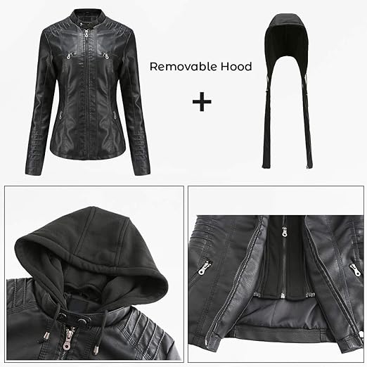 Detachable Hood Women's Real Leather Jacket - Classic Biker Style, Moto Chic Design