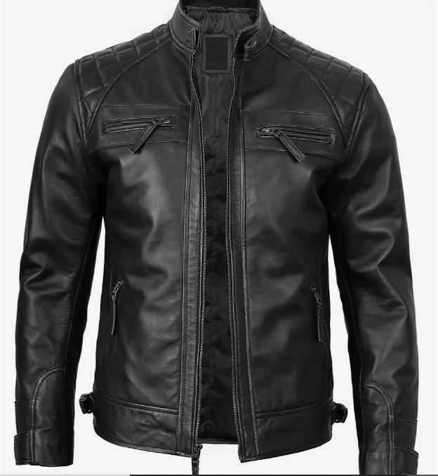 Men's Cafe Racer Leather Jacket - Retro Style Asymmetrical Moto Quilted Shoulder Leather Jacket