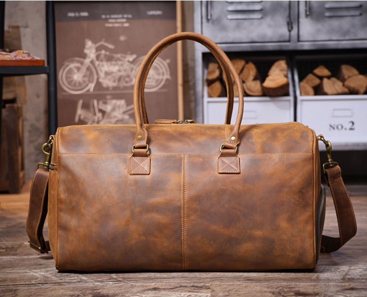 Genuine Crazy Horse Leather Duffle Bag with Shoe Compartment | Vintage Weekender Travel Bag