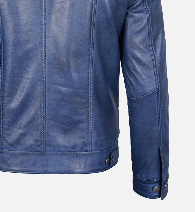 Men’s Sheepskin Trucker Leather Jacket – Camel Brown, Maroon & Blue with Shirt-Style Collar