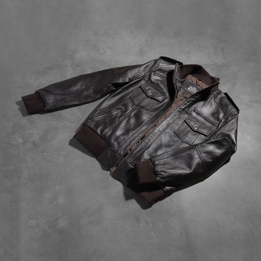Men’s Sheepskin Leather Jacket with High-Neck Collar & Shoulder Epaulettes