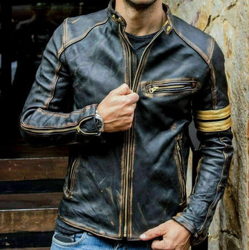 Men's Distressed Leather Jacket - Genuine Full Grain Leather Motorcycle Jacket with Adjustable Cuffs