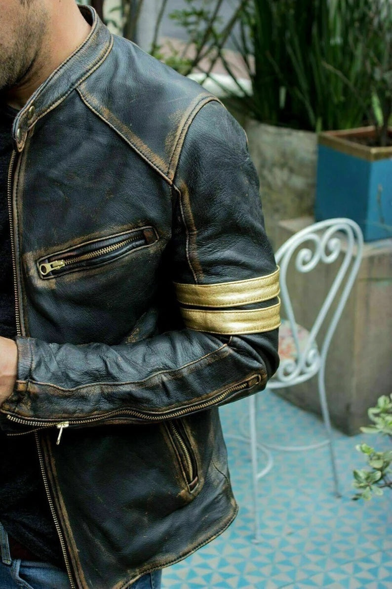 Men's Distressed Leather Jacket - Genuine Full Grain Leather Motorcycl