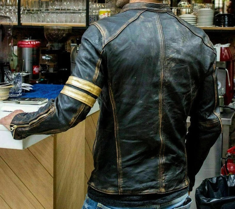 Men's Distressed Leather Jacket - Genuine Full Grain Leather Motorcycle Jacket with Adjustable Cuffs