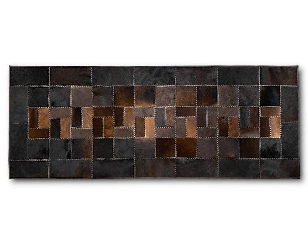 Midnight Black & Copper Brown Cowhide Runner – Hand-Laced Mosaic Patchwork Hallway Rug