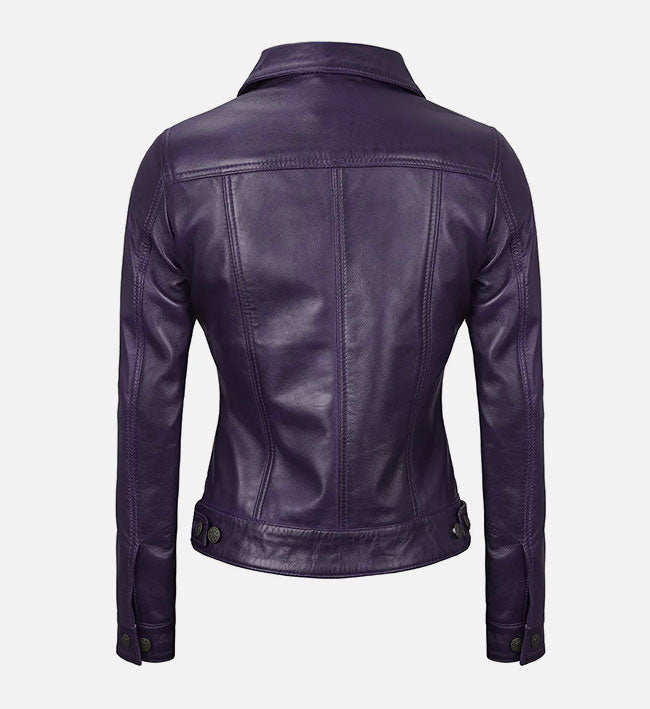 Women’s Sheepskin Leather Trucker Jacket – Brown, Black & Purple