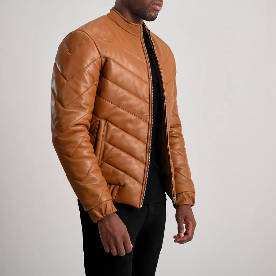Men’s Sheepskin Real Leather Quilted Puffer Jacket with Band Collor