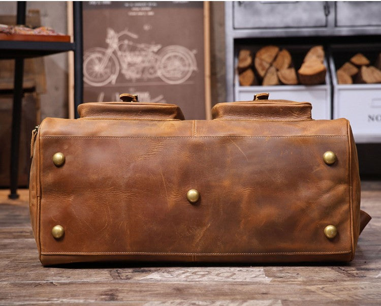 Genuine Crazy Horse Leather Duffle Bag with Shoe Compartment | Vintage Weekender Travel Bag