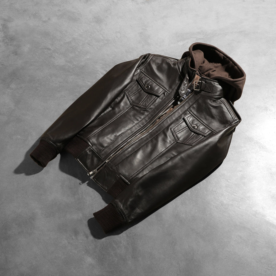 Genuine Sheepskin Leather Hooded Bomber Jacket For Women