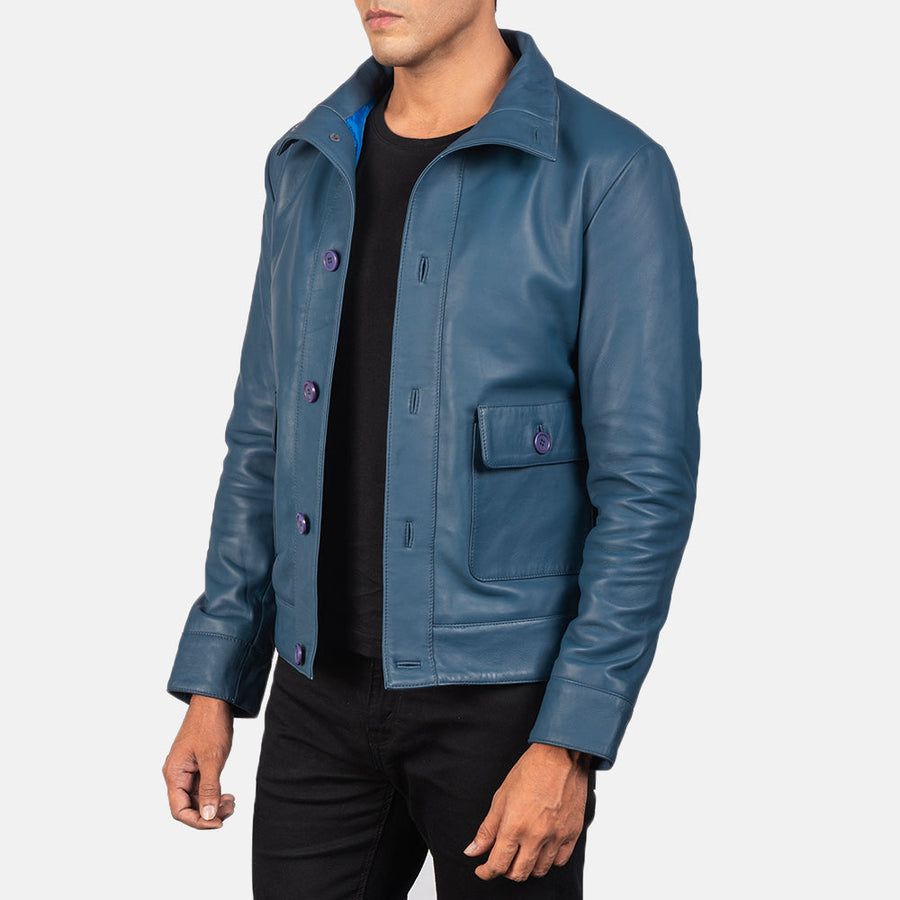 Men’s Sheepskin Leather Rider Jacket with High-Neck Buttoned Collar