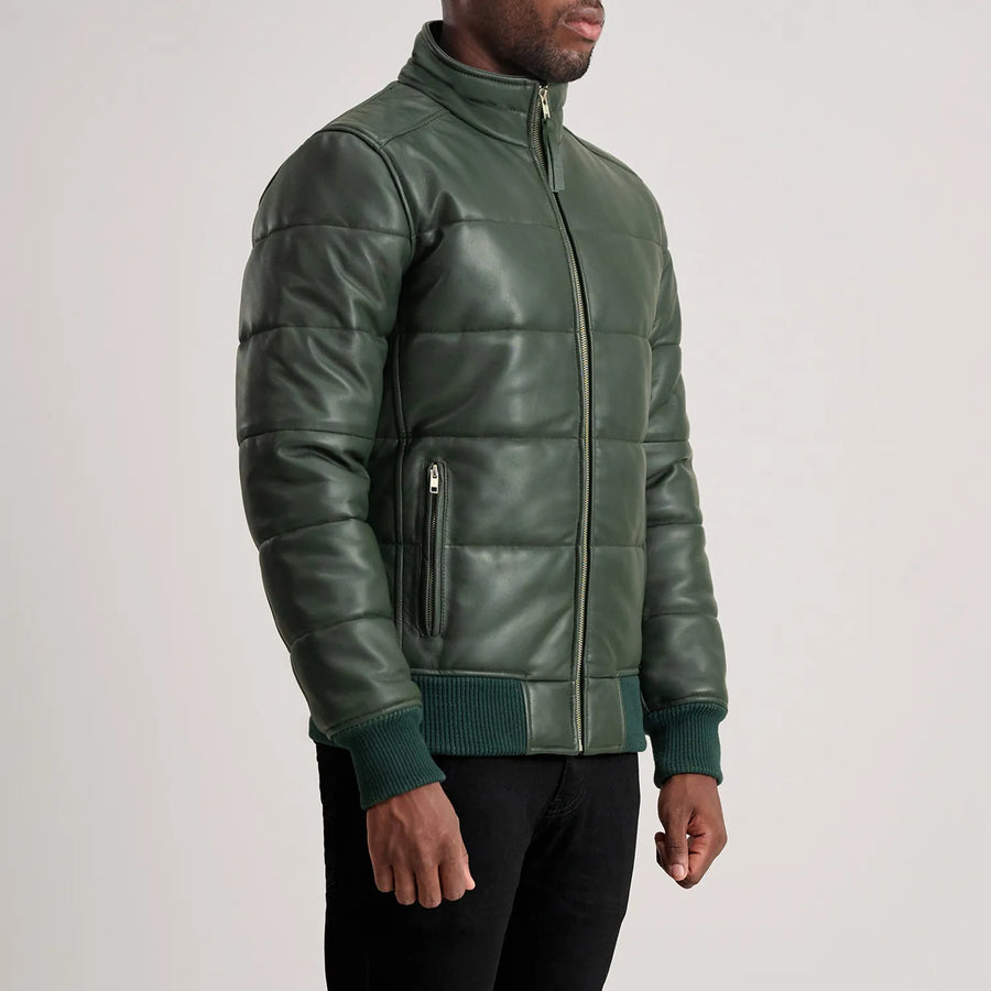 Men’s High-Neck Sheepskin Puffer Leather Jacket – Semi-Aniline Finish