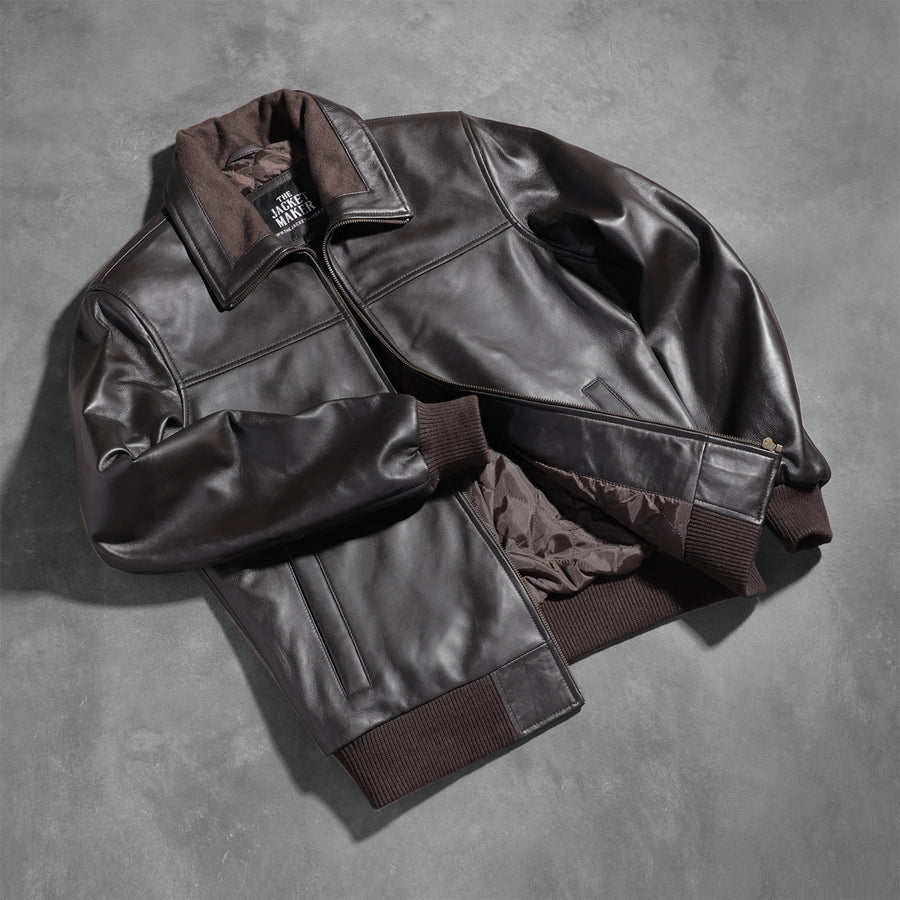 Genuine Sheepskin Leather Jacket with Rib Knit Collar – Semi-Aniline Finish