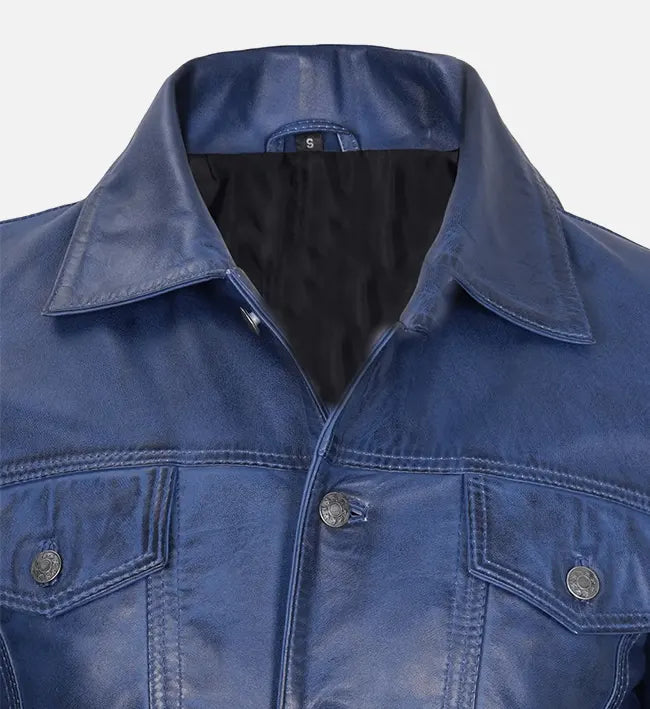 Men’s Sheepskin Trucker Leather Jacket – Camel Brown, Maroon & Blue with Shirt-Style Collar