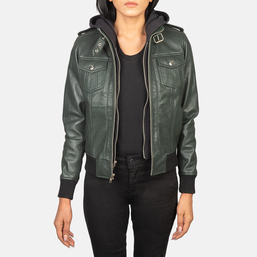 Genuine Sheepskin Leather Hooded Bomber Jacket For Women