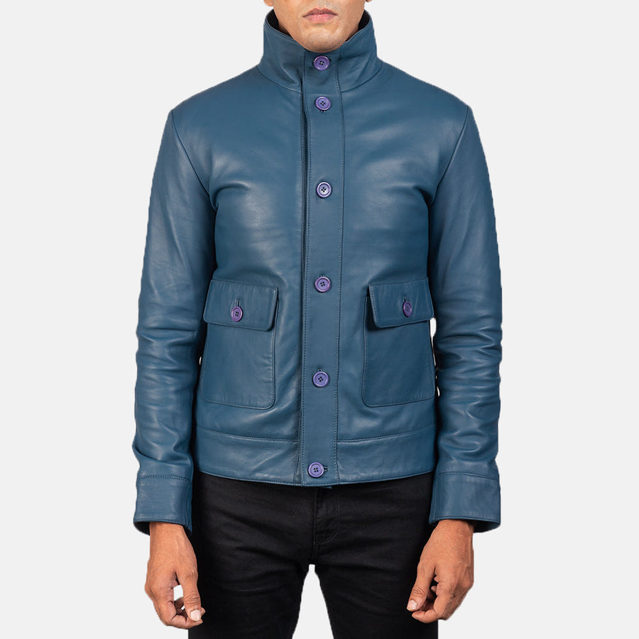 Men’s Sheepskin Leather Rider Jacket with High-Neck Buttoned Collar