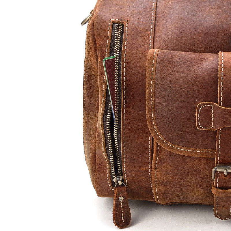 Genuine Crazy Horse Leather Duffle Bag with Shoe Compartment | Weekender Travel Bag