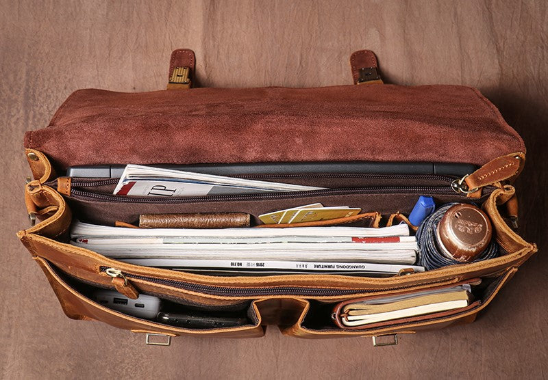 Crazy Horse Leather Laptop Messenger Bag – Vintage Business Briefcase with Shoulder Strap