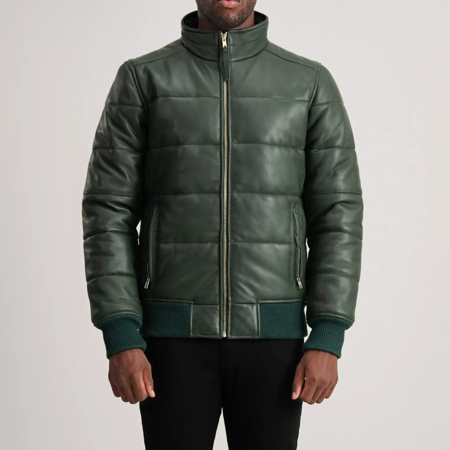 Men’s High-Neck Sheepskin Puffer Leather Jacket – Semi-Aniline Finish
