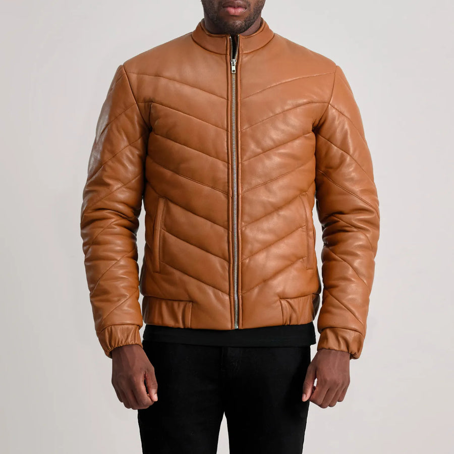 Men’s Sheepskin Real Leather Quilted Puffer Jacket with Band Collor