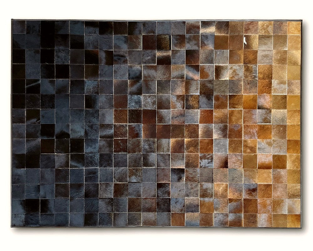 Midnight to Amber Cowhide Patchwork Rug – Black & Golden Brown Ombre Mosaic Area Rug