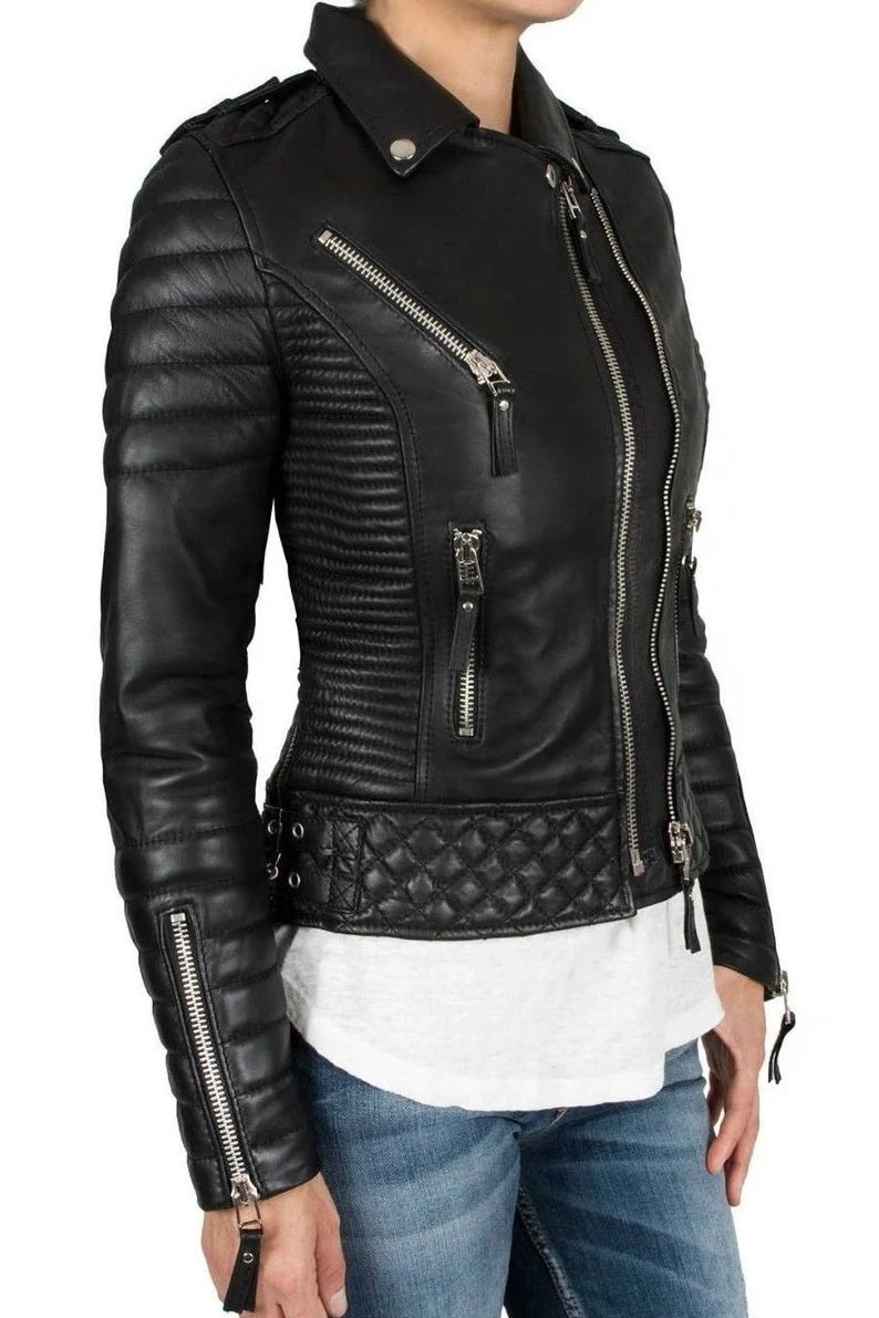 Women's Luxury Lambskin Leather Jacket - Classic Biker Style, Tailored Fit, Soft Genuine Leather