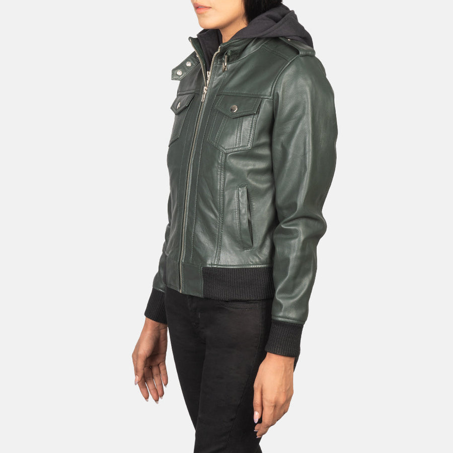 Genuine Sheepskin Leather Hooded Bomber Jacket For Women