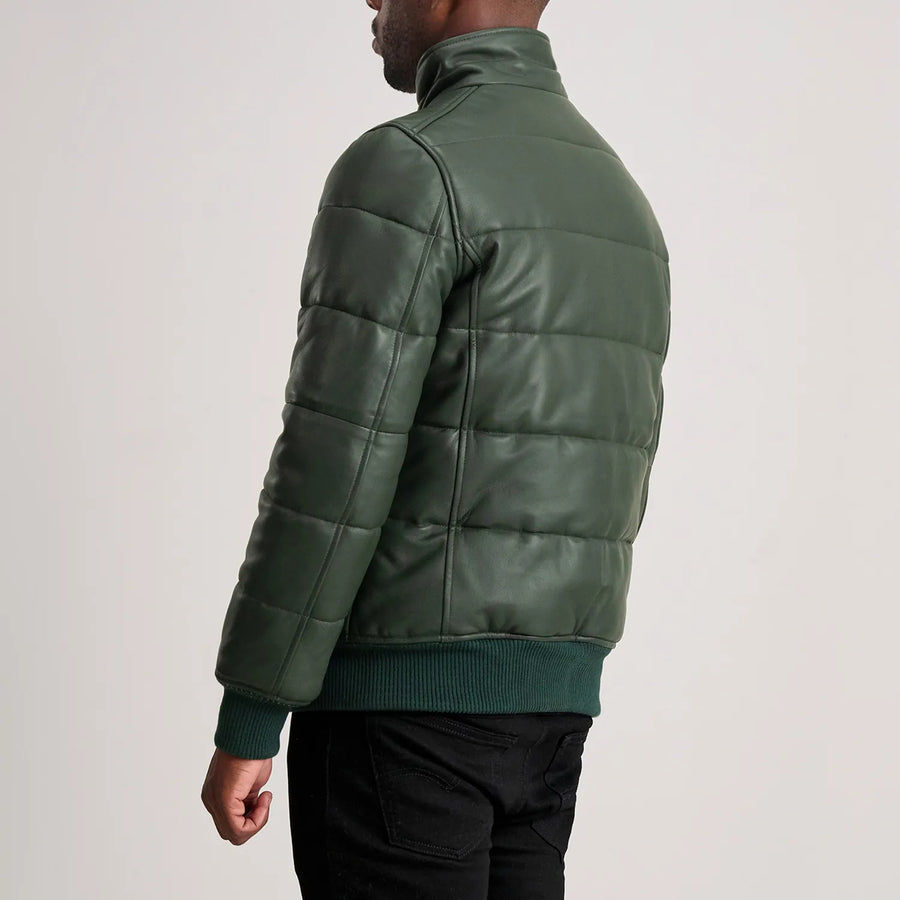 Men’s High-Neck Sheepskin Puffer Leather Jacket – Semi-Aniline Finish
