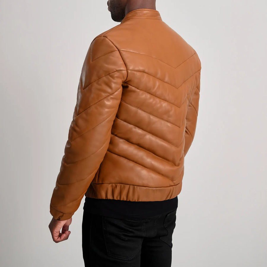 Men’s Sheepskin Real Leather Quilted Puffer Jacket with Band Collor