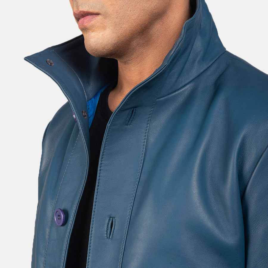 Men’s Sheepskin Leather Rider Jacket with High-Neck Buttoned Collar