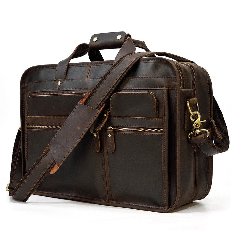 Crazy Horse Leather Laptop Briefcase – 3 Compartment Business Messenger Bag for Men & Women