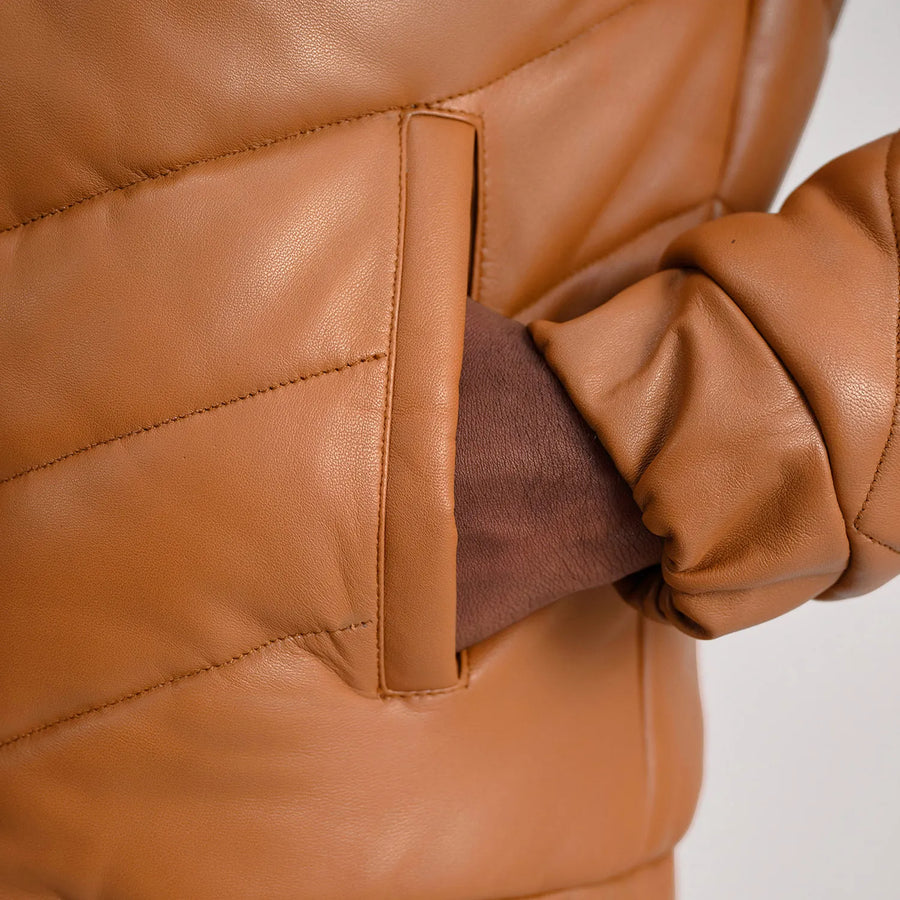 Men’s Sheepskin Real Leather Quilted Puffer Jacket with Band Collor
