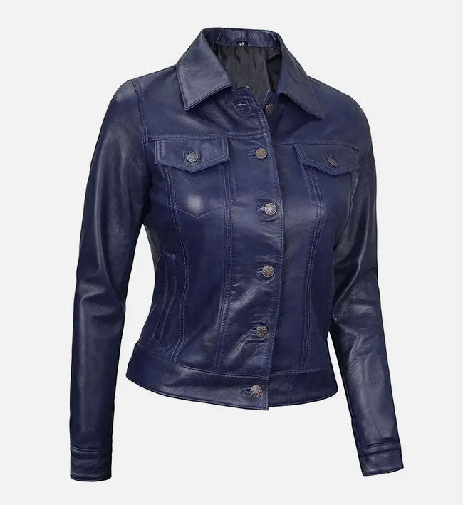 Women’s Sheepskin Leather Trucker Jacket – Multi-Color Options