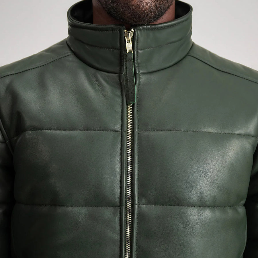 Men’s High-Neck Sheepskin Puffer Leather Jacket – Semi-Aniline Finish