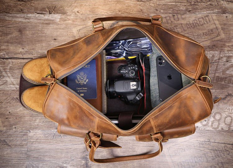 Genuine Crazy Horse Leather Duffle Bag with Shoe Compartment | Vintage Weekender Travel Bag