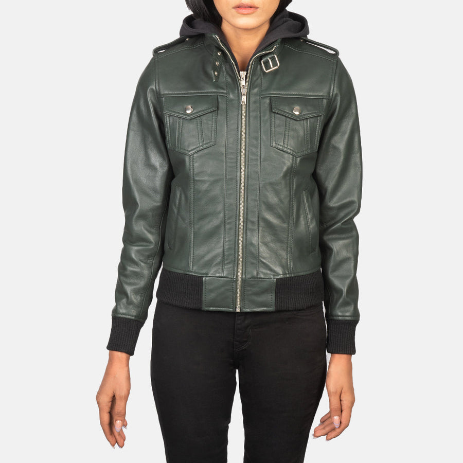 Genuine Sheepskin Leather Hooded Bomber Jacket For Women