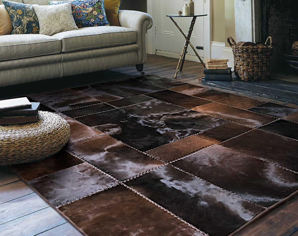 Burnished Brown & Charcoal Cowhide Rug – Hand-Laced Framed Patchwork Area Rug