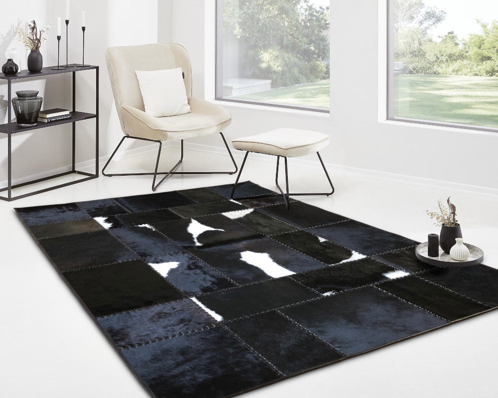 Midnight Black Cowhide Rug – Hand-Laced Charcoal Patchwork Area Rug